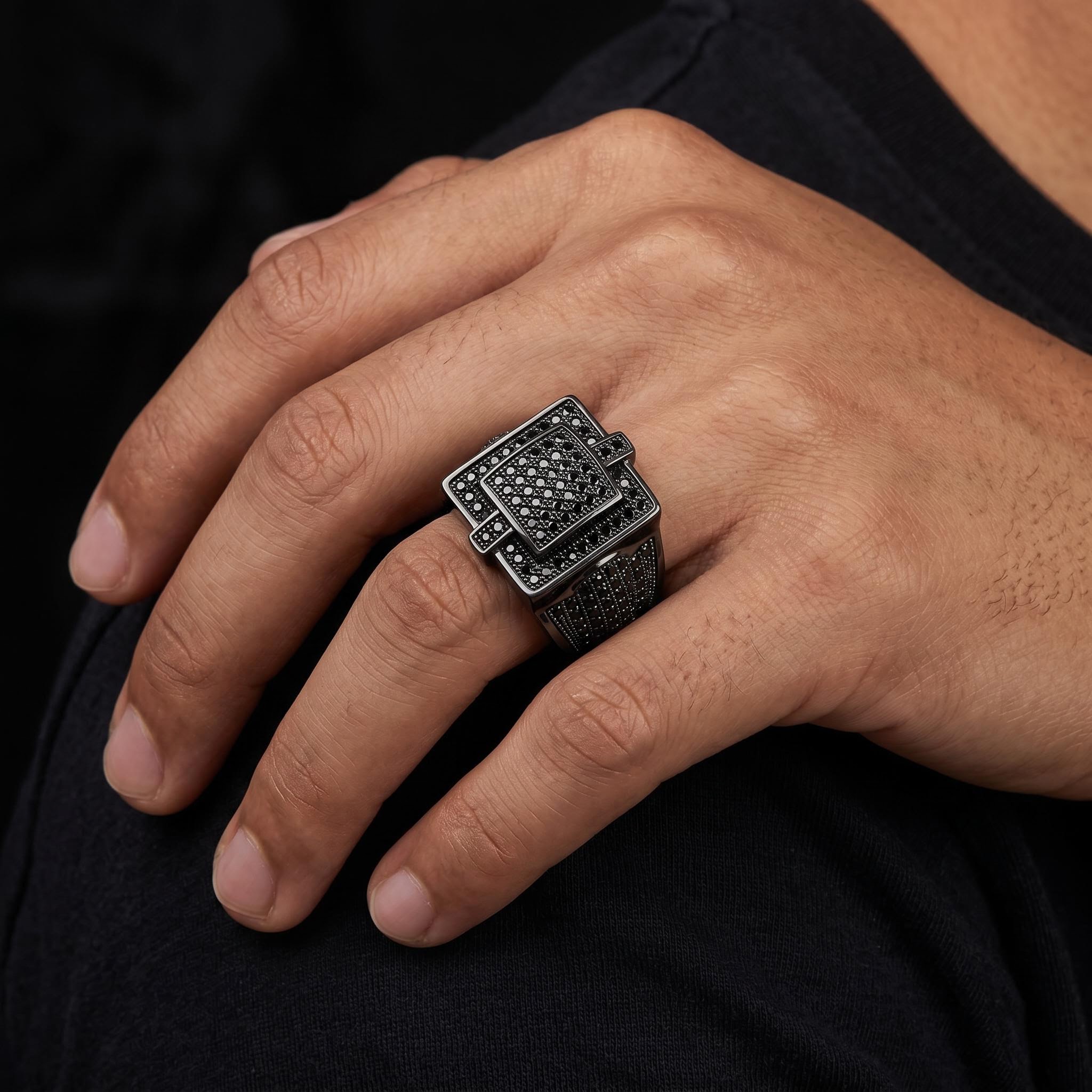 Square Iced Out Ring with Black Stones Square Iced Out Ring with Black Stones