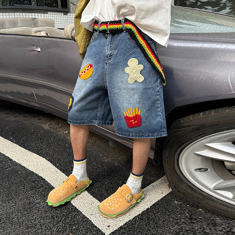 Hip Hop Creative Fries Towel Embroidered Denim Shorts