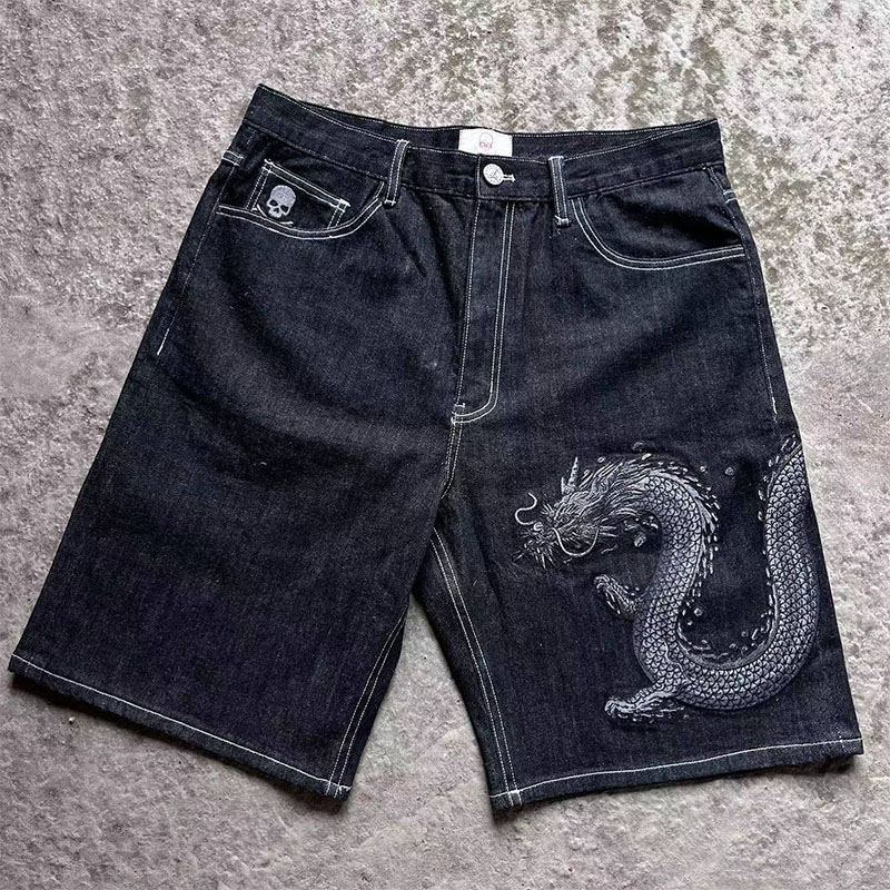 Y2K Hip Hop Dragon Print Denim Shorts