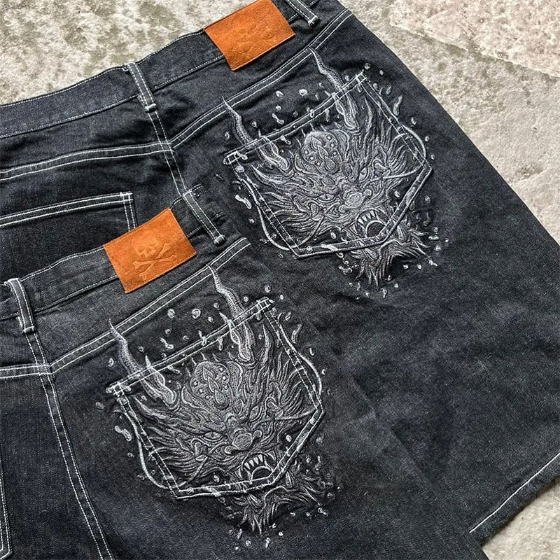 Y2K Hip Hop Dragon Print Denim Shorts