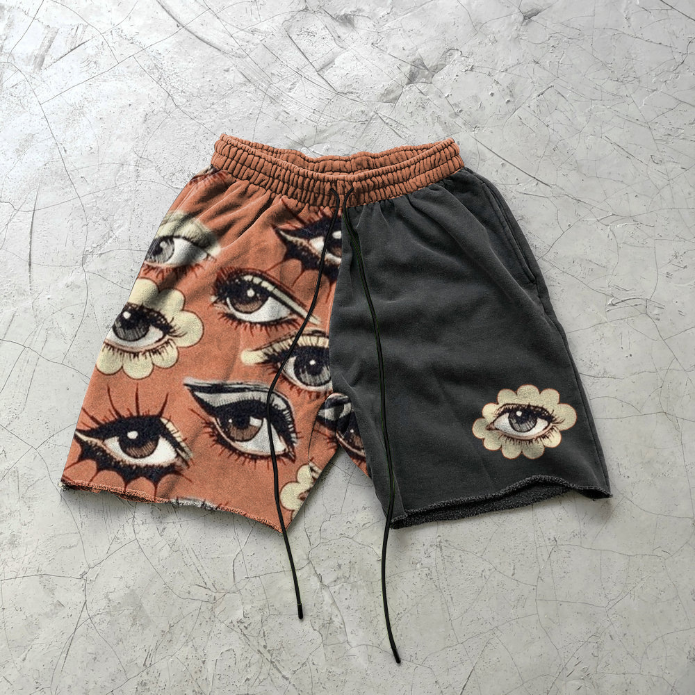 Hip Hop Colorblock Eye Print Sweat Shorts