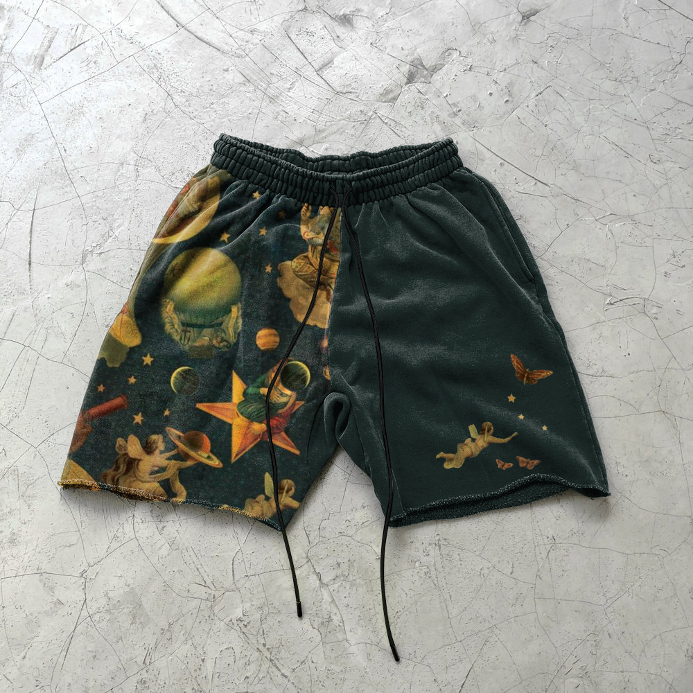 Hip Hop Colorblock Eye Print Sweat Shorts