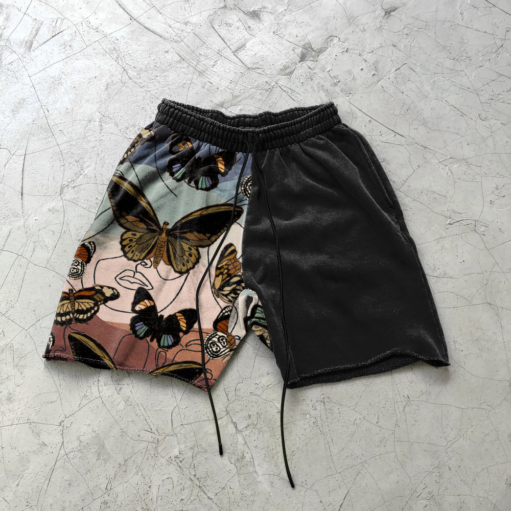 Hip Hop Colorblock Eye Print Sweat Shorts