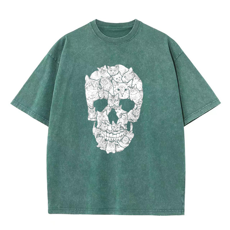 Hip Hop Skull Cat Graphic Washed Cotton T-Shirt