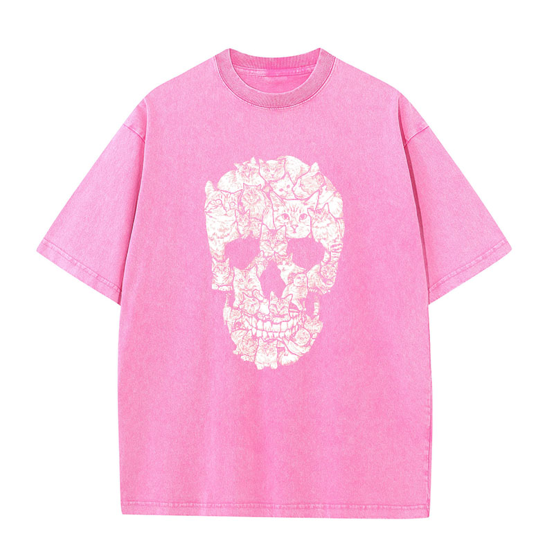 Hip Hop Skull Cat Graphic Washed Cotton T-Shirt