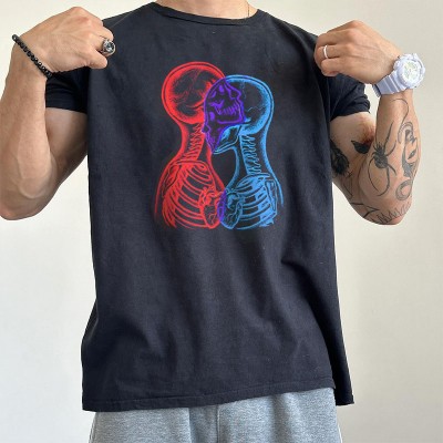 Hip Hop Double Life Skull Graphic Cotton T-Shirt