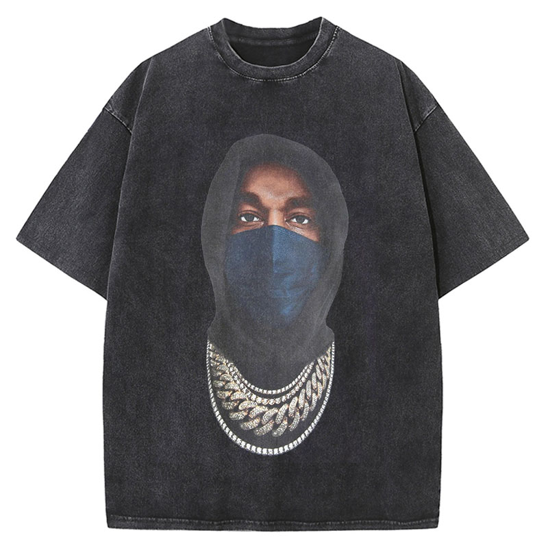 Hip Hop Masked Portrait Graphic Washed Cotton T-Shirt