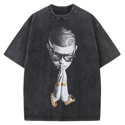 Hip Hop Prayer Portrait Graphic Washed Cotton T-Shirt