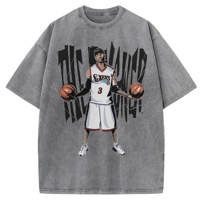 Hip Hop Basketball Star Graphic Washed Cotton T-Shirt