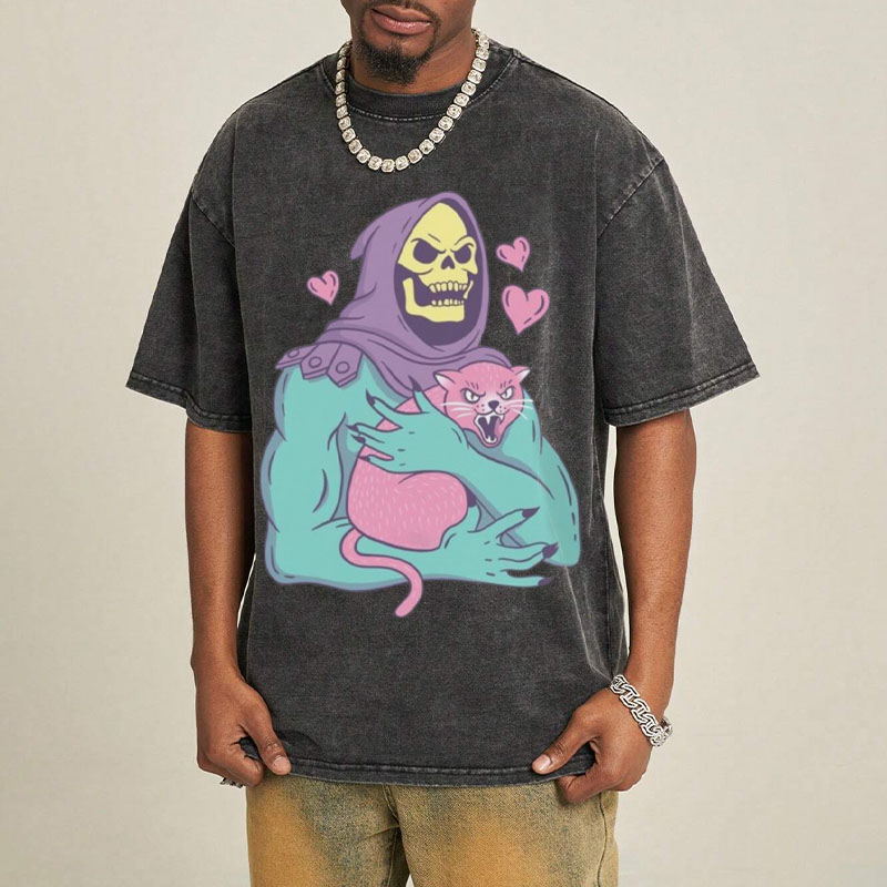 Hip Hop Skull Cat Graphic Washed Cotton T-Shirt