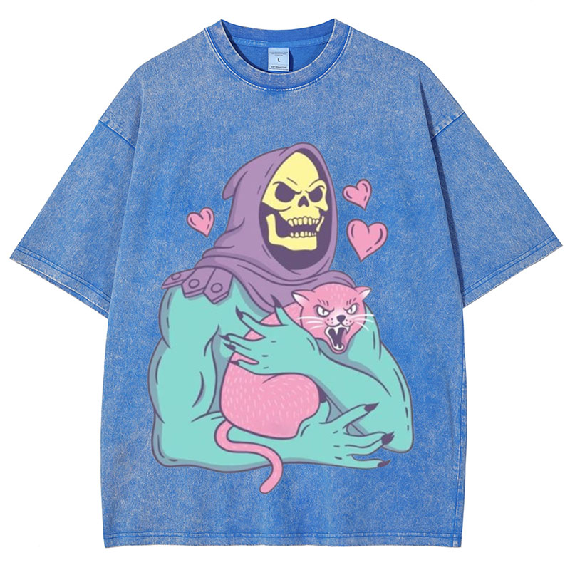 Hip Hop Skull Cat Graphic Washed Cotton T-Shirt