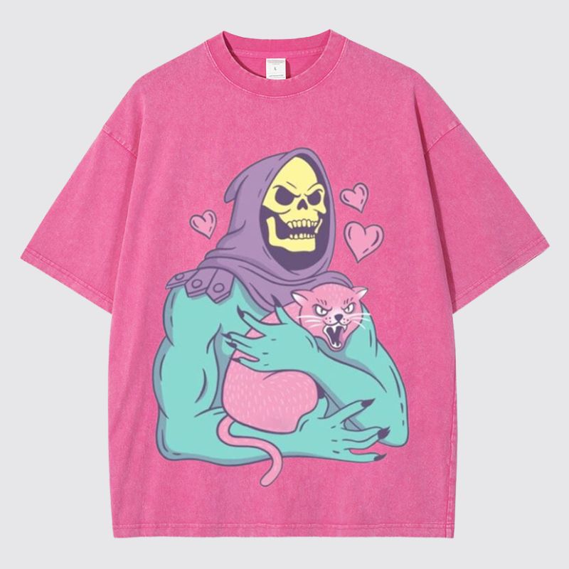 Hip Hop Skull Cat Graphic Washed Cotton T-Shirt