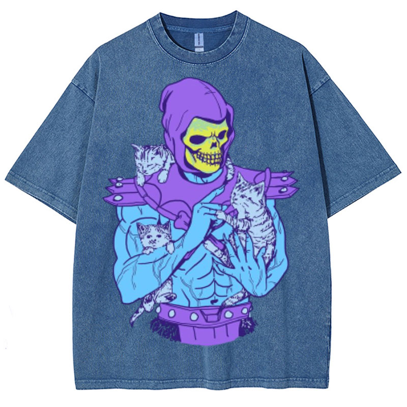 Skull Cat Graphic Washed Cotton T-Shirt