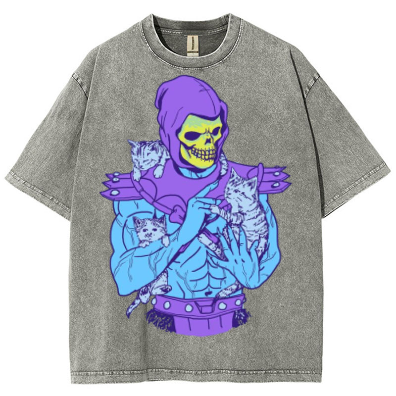 Skull Cat Graphic Washed Cotton T-Shirt