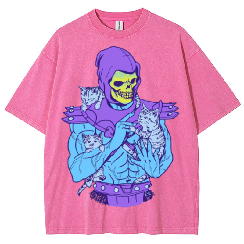 Skull Cat Graphic Washed Cotton T-Shirt