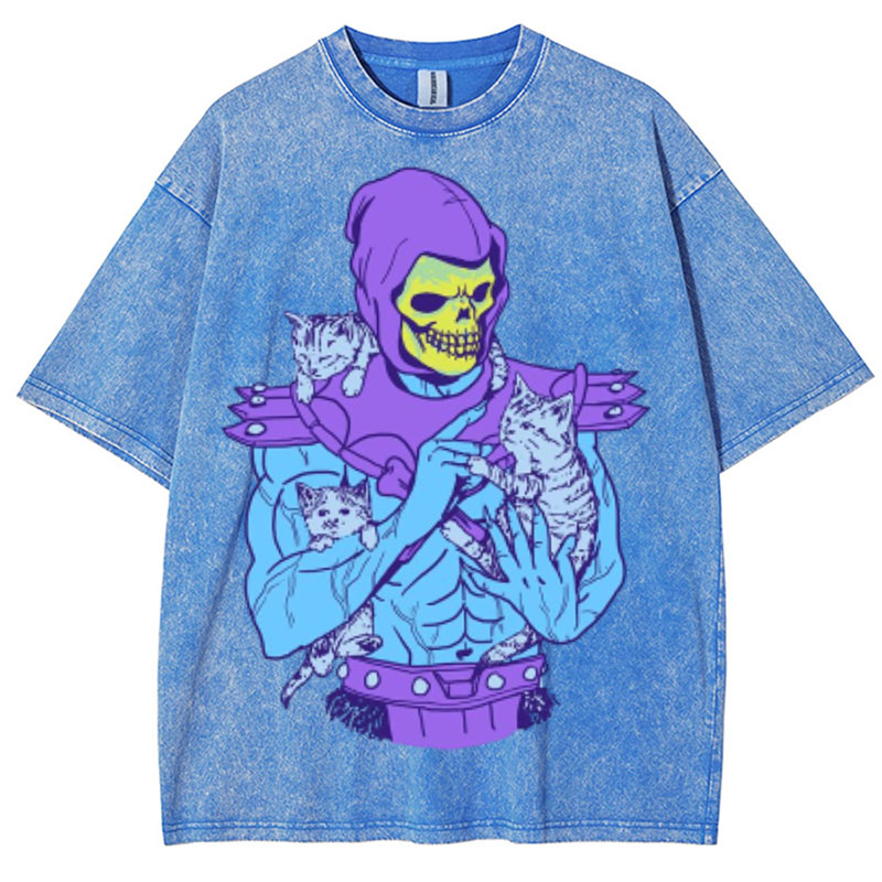 Skull Cat Graphic Washed Cotton T-Shirt