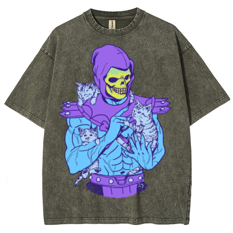 Skull Cat Graphic Washed Cotton T-Shirt