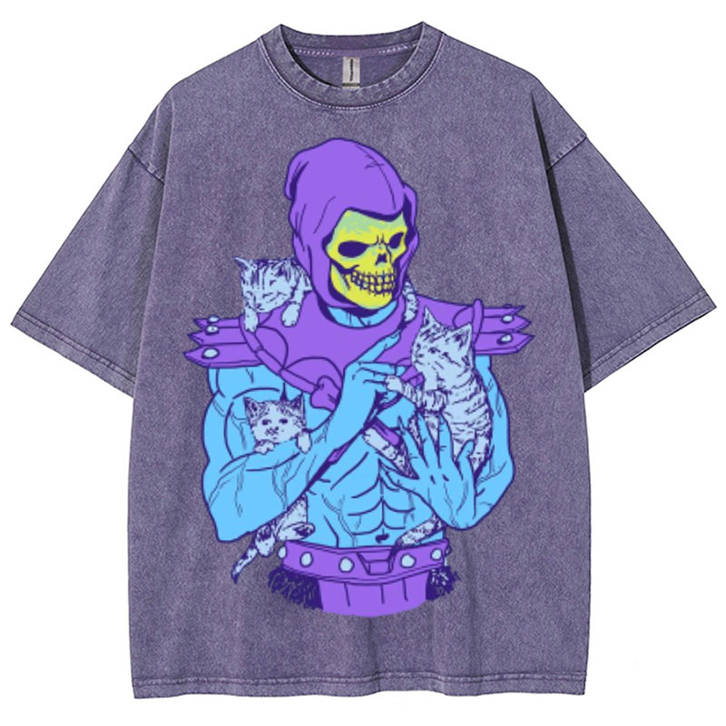 Skull Cat Graphic Washed Cotton T-Shirt