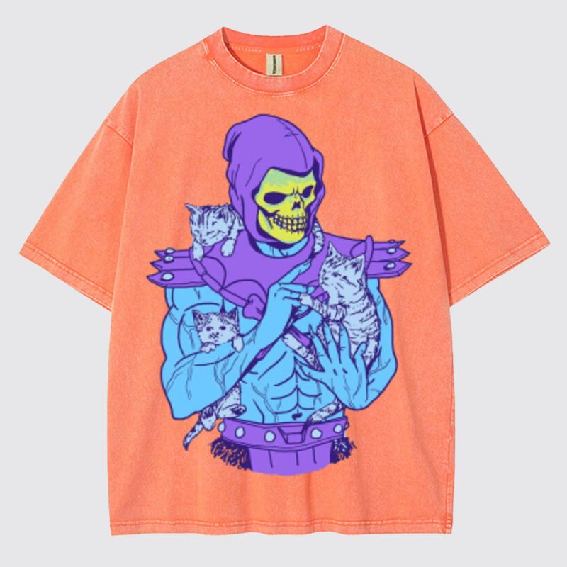 Skull Cat Graphic Washed Cotton T-Shirt