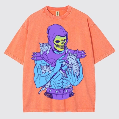 Skull Cat Graphic Washed Cotton T-Shirt