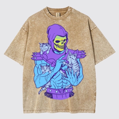 Skull Cat Graphic Washed Cotton T-Shirt