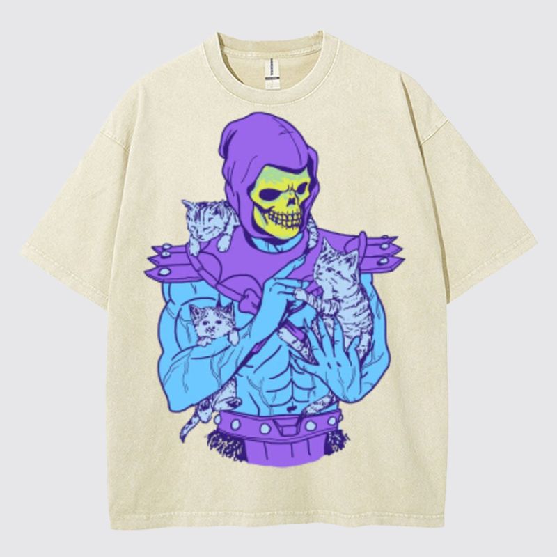 Skull Cat Graphic Washed Cotton T-Shirt