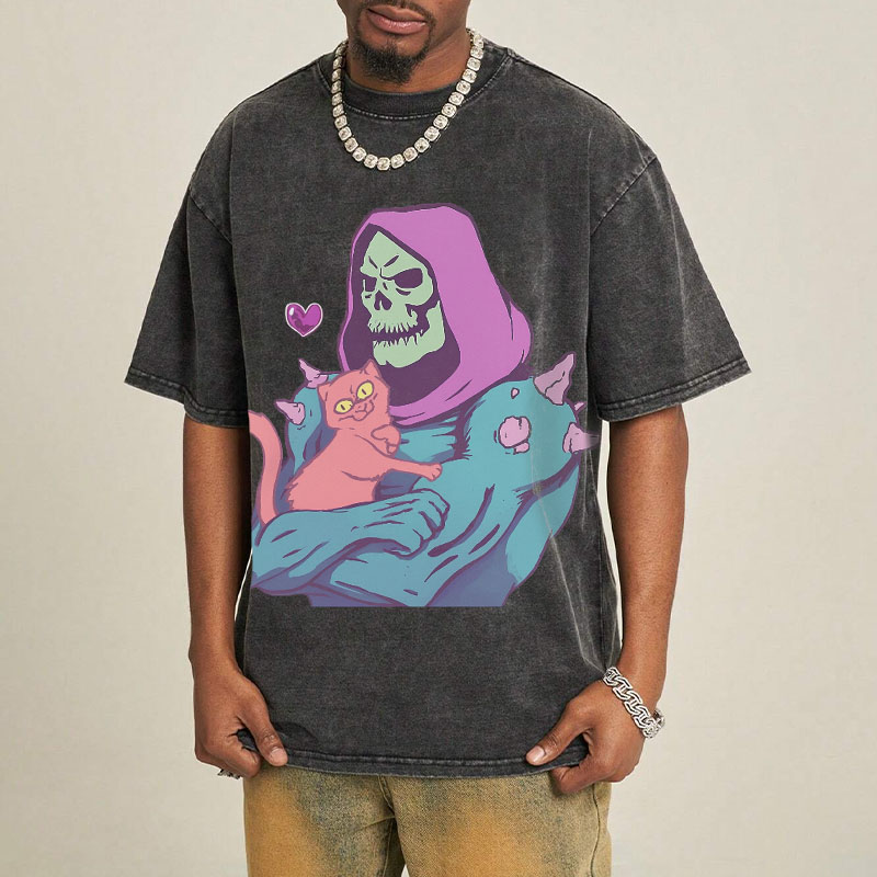 Hip Hop Skull Cat Graphic Washed Cotton T-Shirt