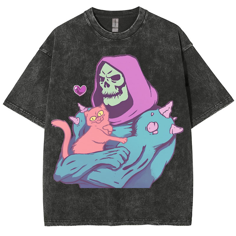 Hip Hop Skull Cat Graphic Washed Cotton T-Shirt