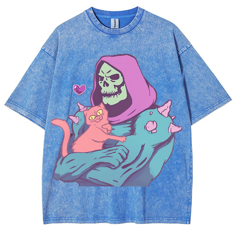 Hip Hop Skull Cat Graphic Washed Cotton T-Shirt