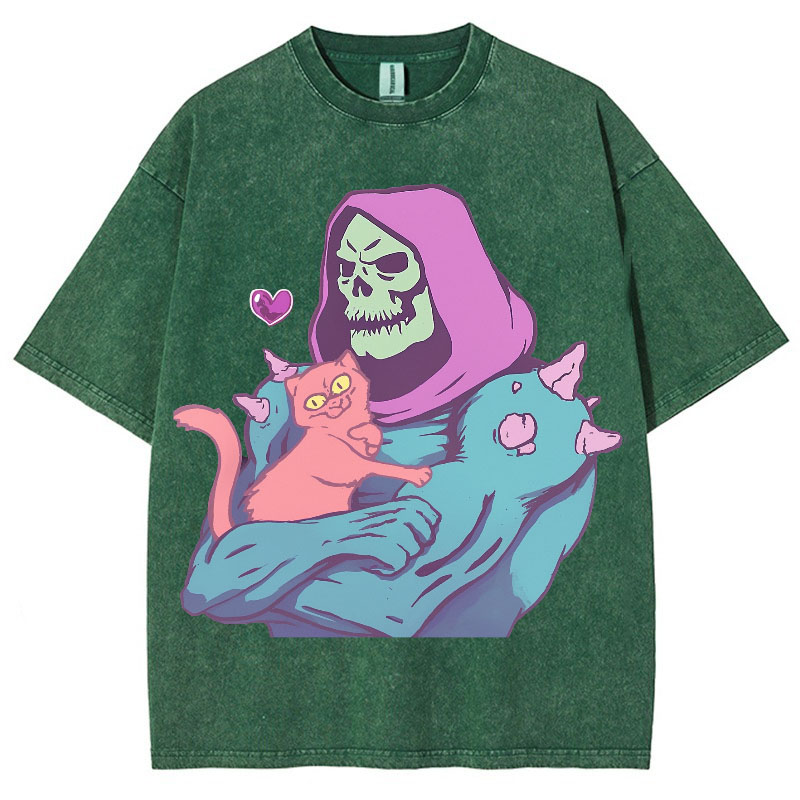 Hip Hop Skull Cat Graphic Washed Cotton T-Shirt