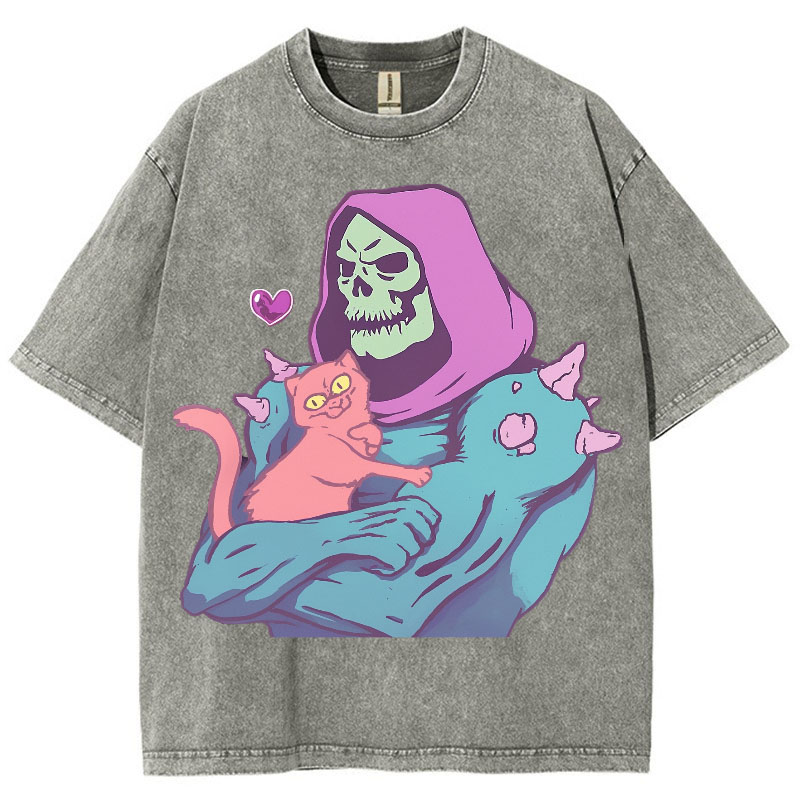 Hip Hop Skull Cat Graphic Washed Cotton T-Shirt