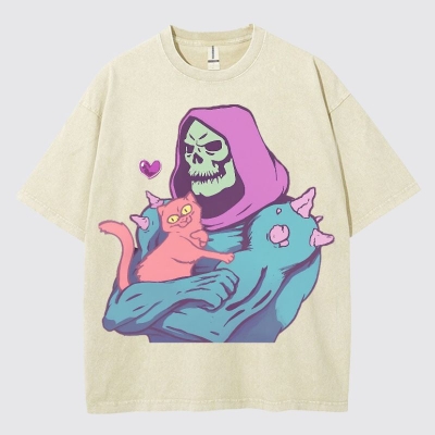 Hip Hop Skull Cat Graphic Washed Cotton T-Shirt