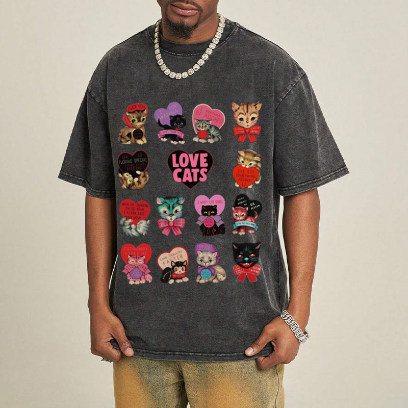 Hip Hop Cute Cat Graphic Washed Cotton T-Shirt