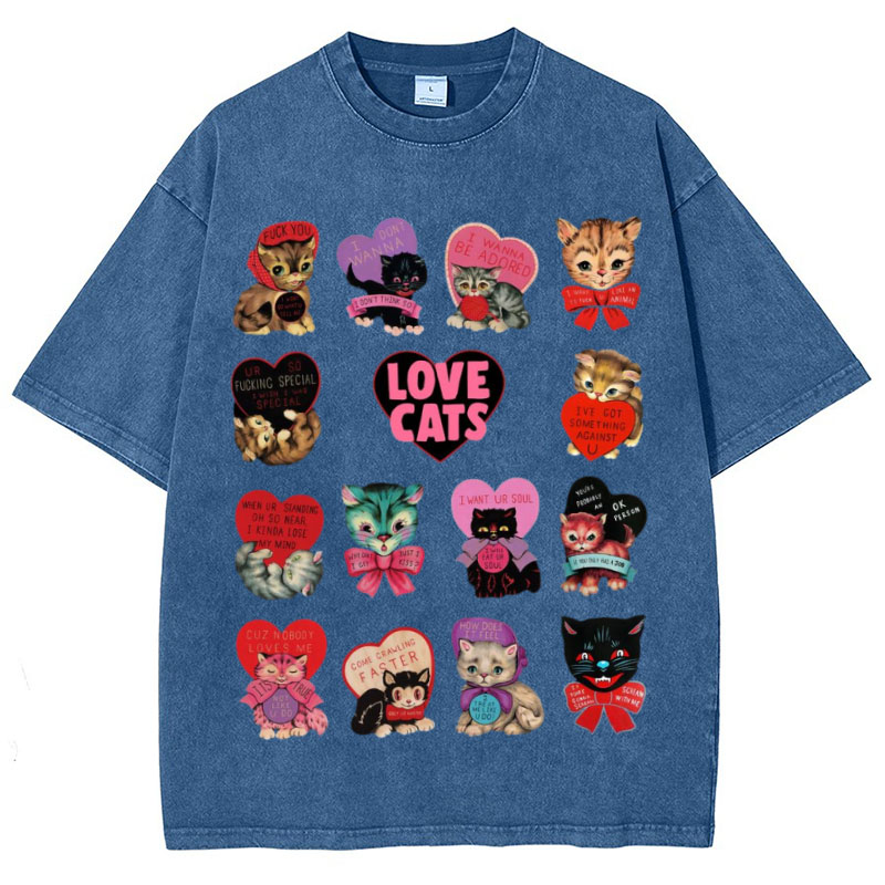 Hip Hop Cute Cat Graphic Washed Cotton T-Shirt