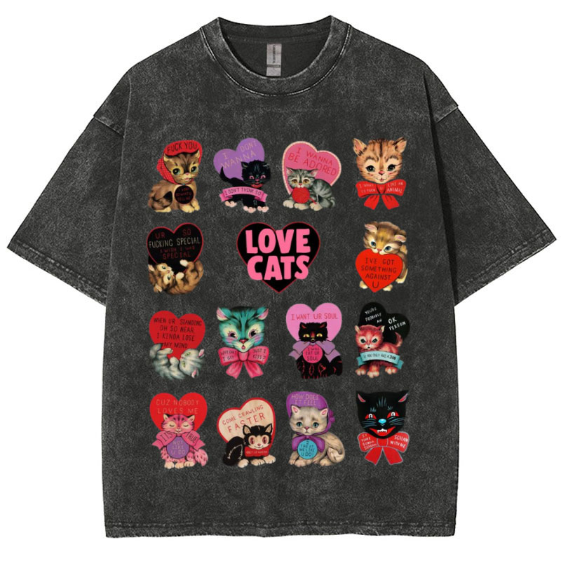 Hip Hop Cute Cat Graphic Washed Cotton T-Shirt