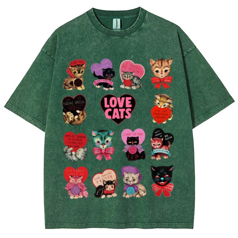 Hip Hop Cute Cat Graphic Washed Cotton T-Shirt