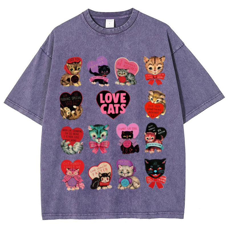 Hip Hop Cute Cat Graphic Washed Cotton T-Shirt