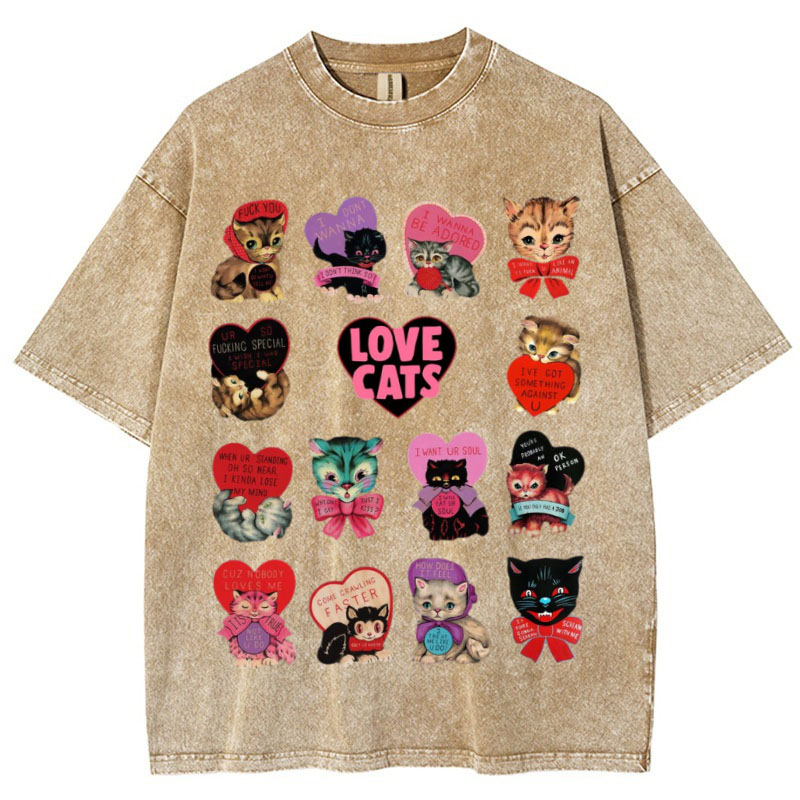 Hip Hop Cute Cat Graphic Washed Cotton T-Shirt