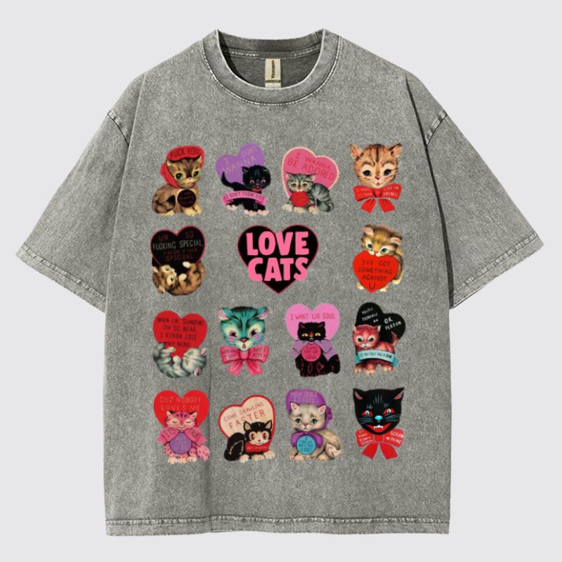 Hip Hop Cute Cat Graphic Washed Cotton T-Shirt