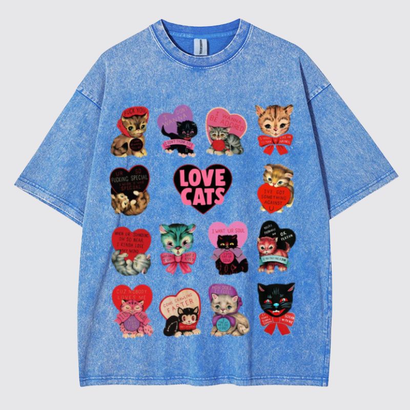 Hip Hop Cute Cat Graphic Washed Cotton T-Shirt