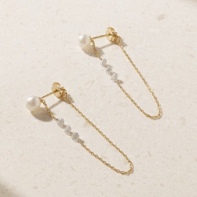 Pearl Diamond Long Drop Chain Earrings