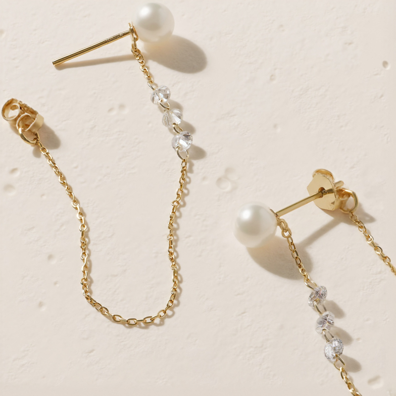 Pearl Diamond Long Drop Chain Earrings Pearl Diamond Long Drop Chain Earrings