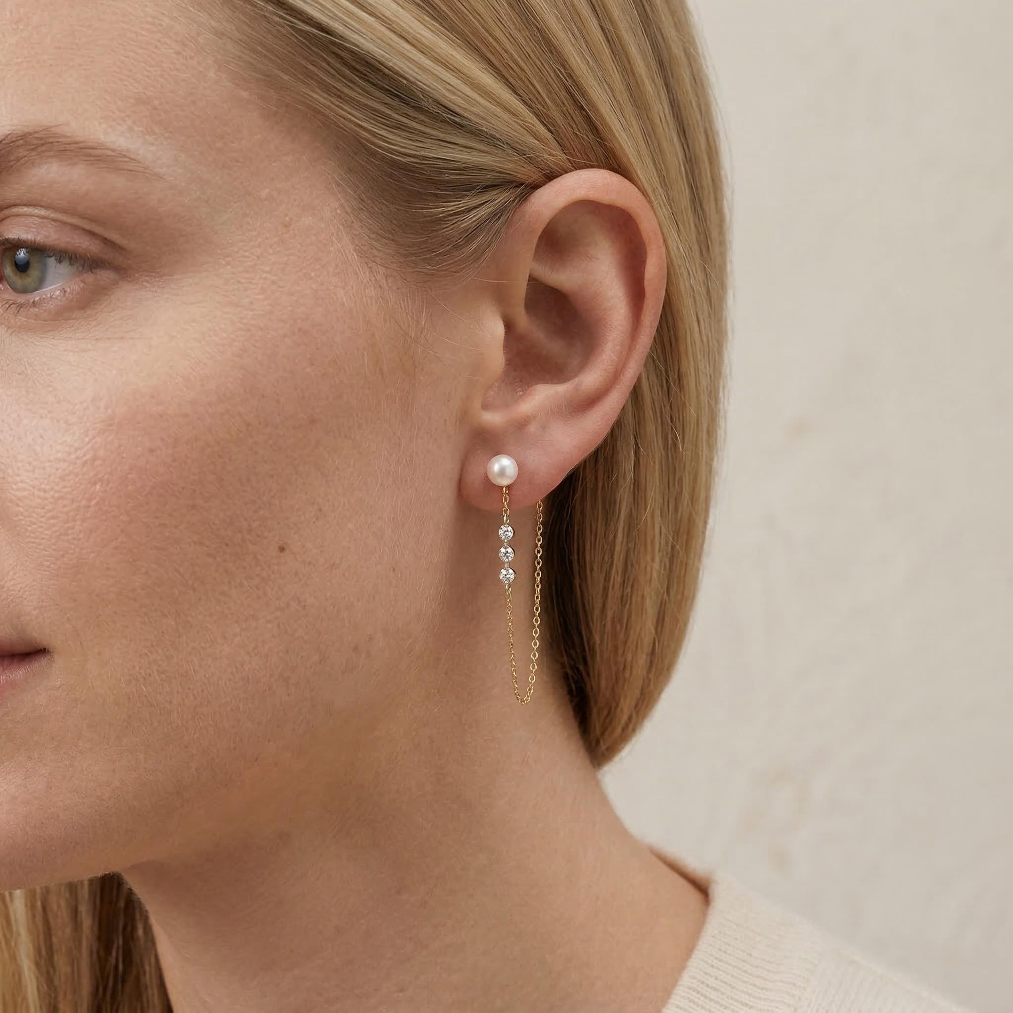 Pearl Diamond Long Drop Chain Earrings