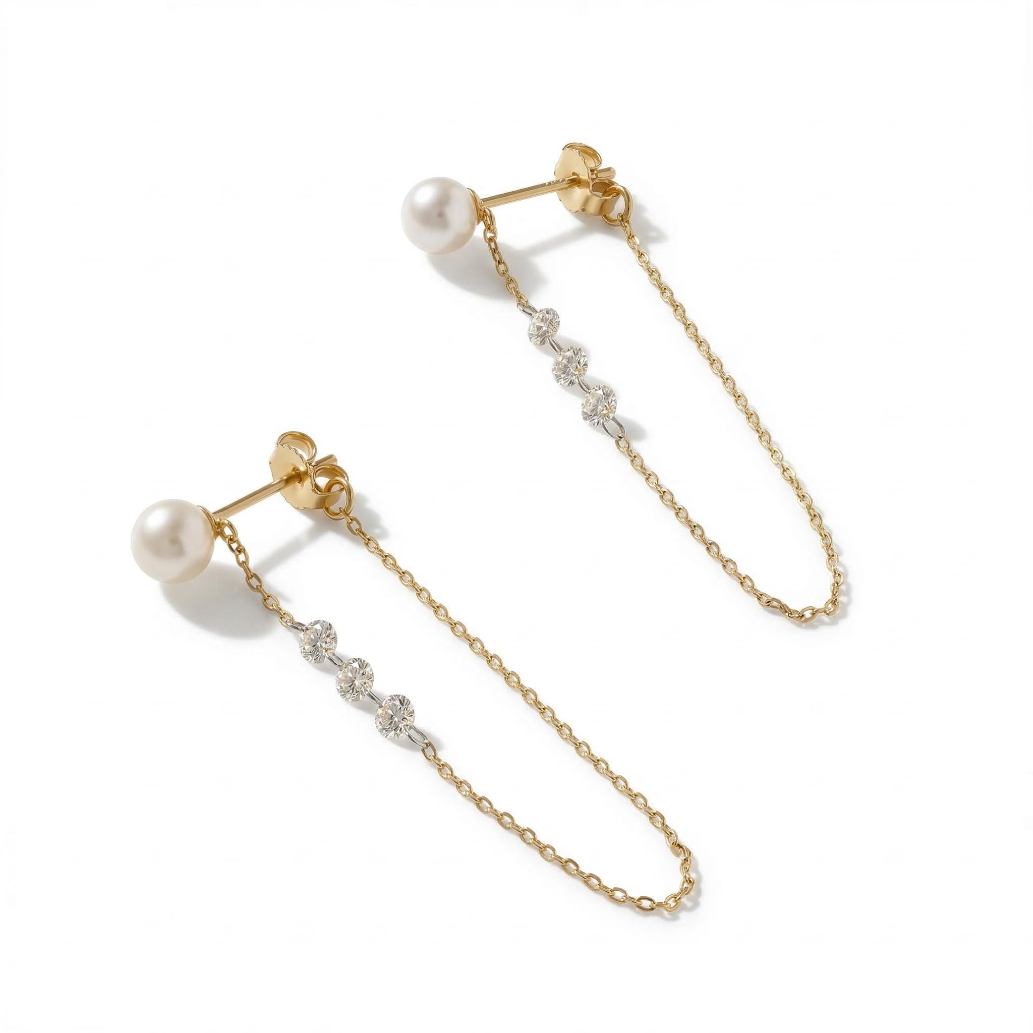 Pearl Diamond Long Drop Chain Earrings