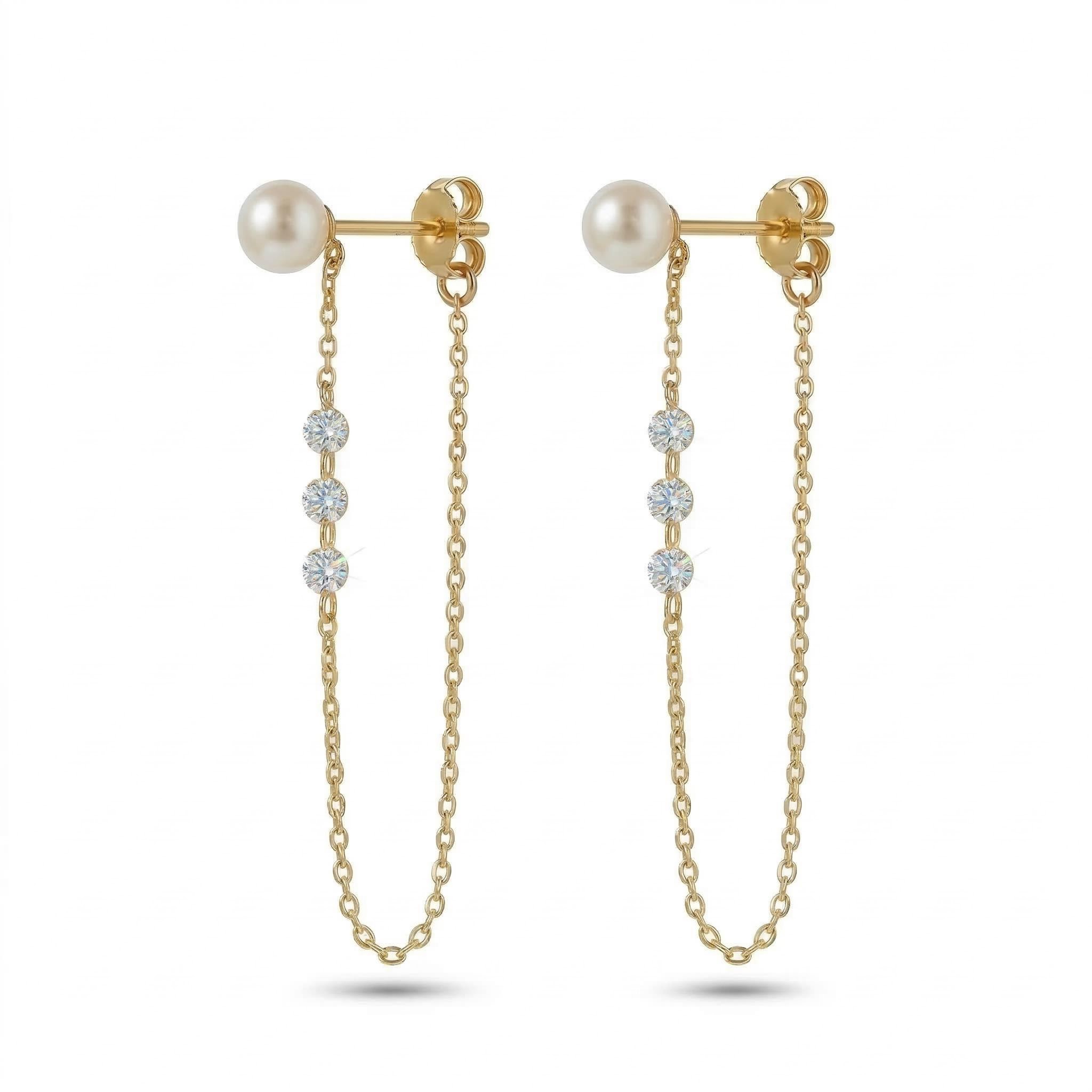 Pearl Diamond Long Drop Chain Earrings