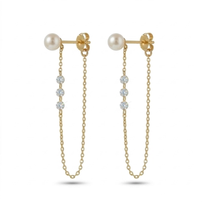 Pearl Diamond Long Drop Chain Earrings