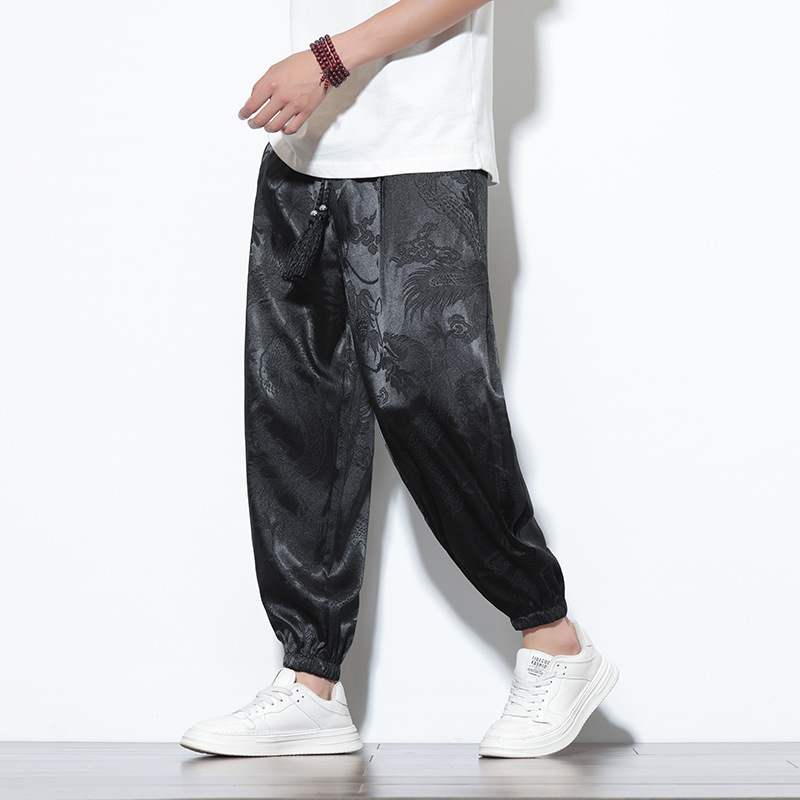 Satin Dragon Printed Dark Flower Lantern Pants