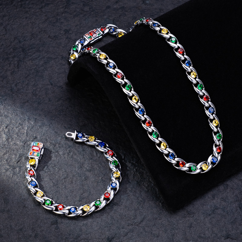 Iced Out Colorful Gemstone Cuban Chain and Bracelet Set