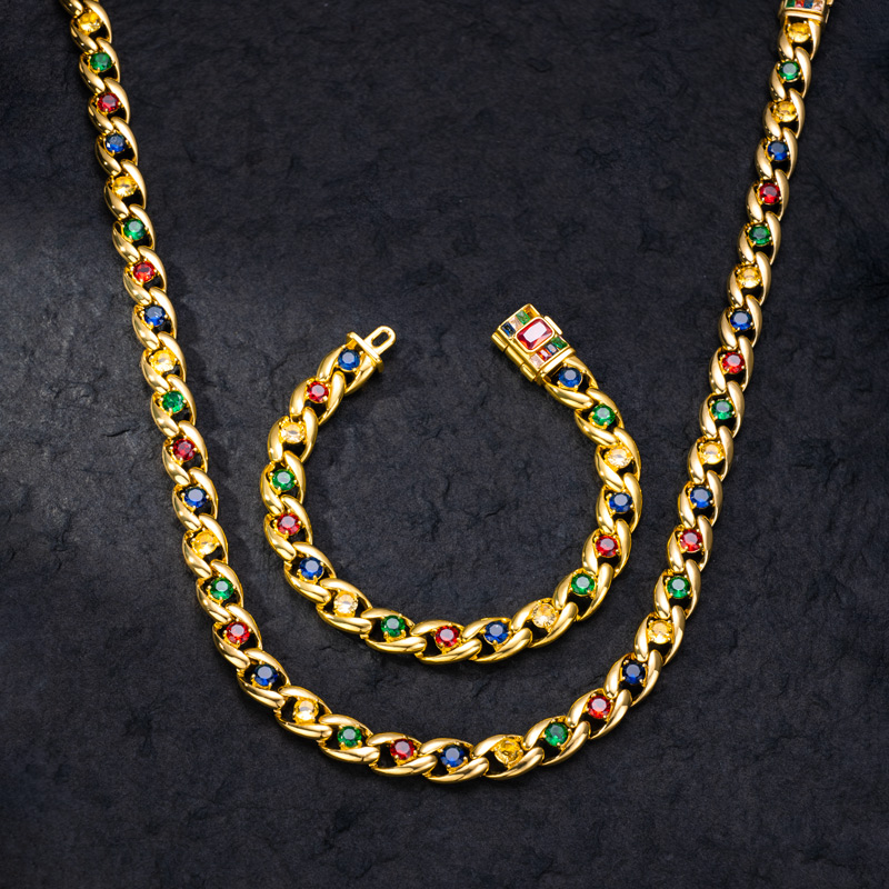 Iced Out Colorful Gemstone Cuban Chain and Bracelet Set