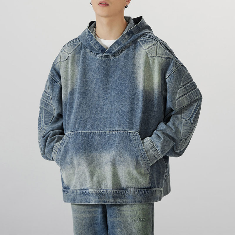 Hip Hop Vintage Blue Washed and Aged Loose Hoodie